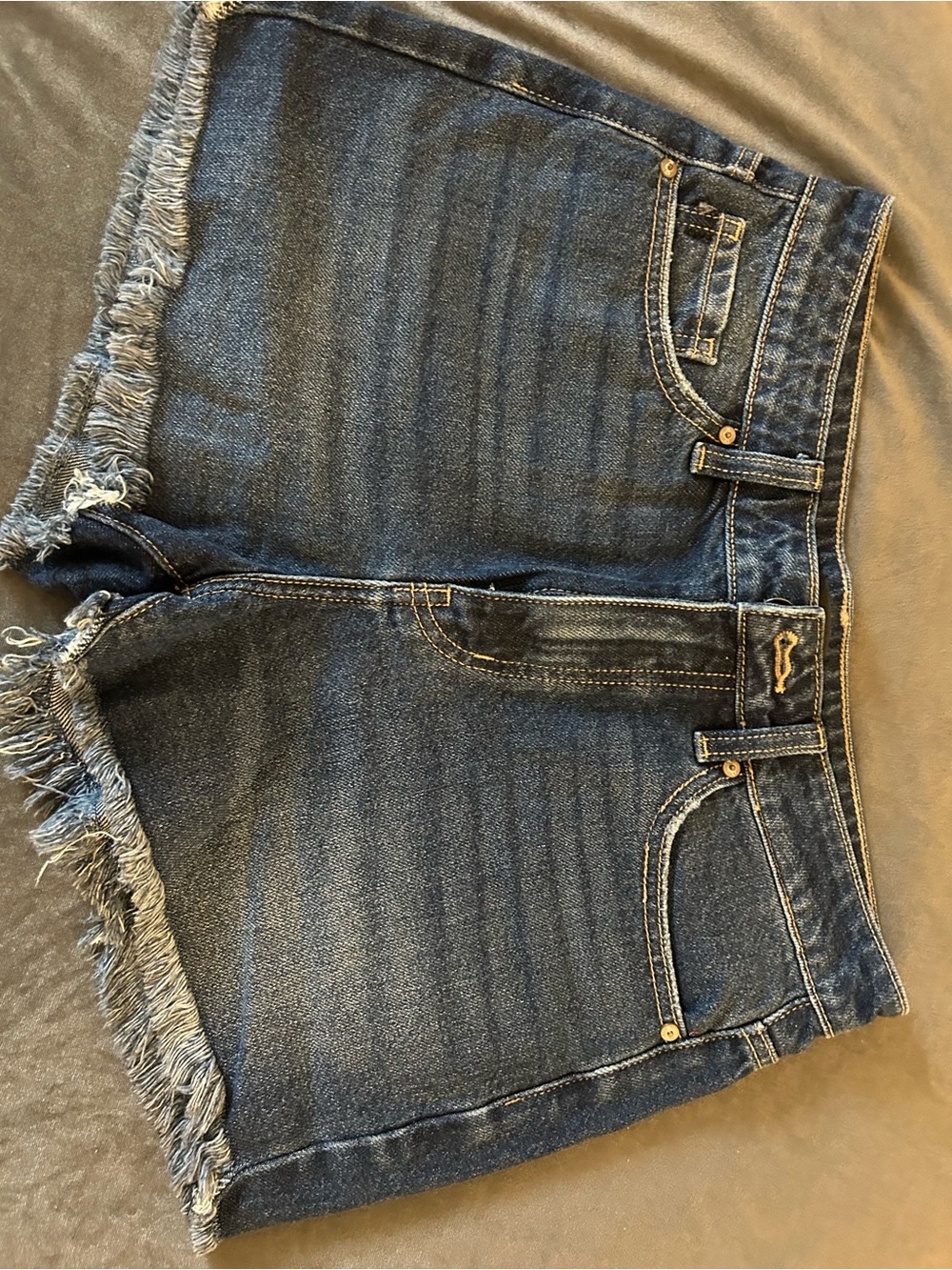 Express Dark Blue Denim Frayed Hem Jean Shorts